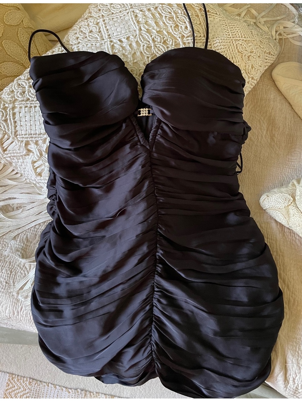 Gorgeous ZARA Black Ruched Dress with Gold Diamond Decorative Accent